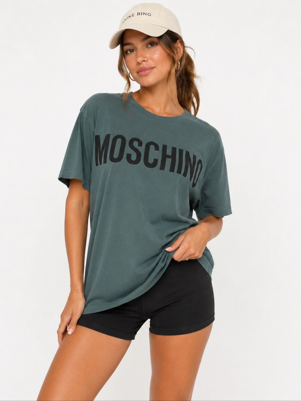 Moschino ($425) Couture Oversized Logo Tee Green Graphic T Shirt Womens NWT